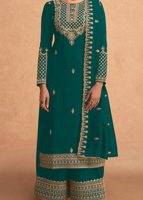 3 Pc Green Semi Stitched Georgette Suit Set - Indian Silk House Agencies