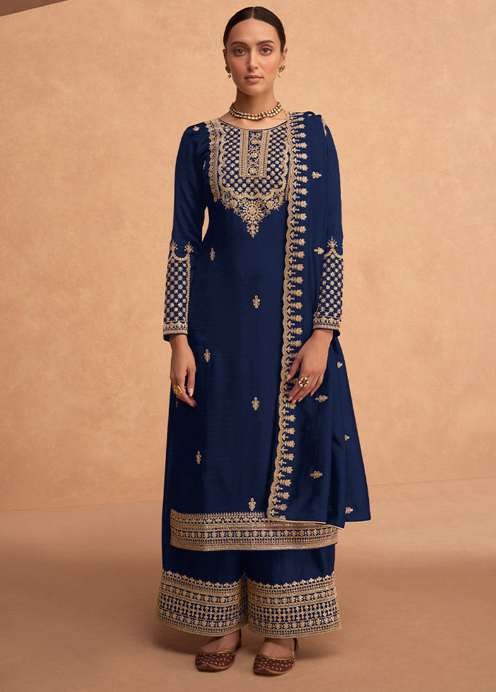 3 Pc Blue Semi Stitched Georgette Suit Set - Indian Silk House Agencies