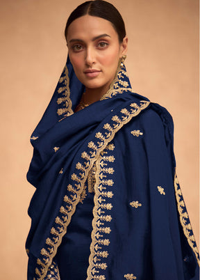 3 Pc Blue Semi Stitched Georgette Suit Set - Indian Silk House Agencies