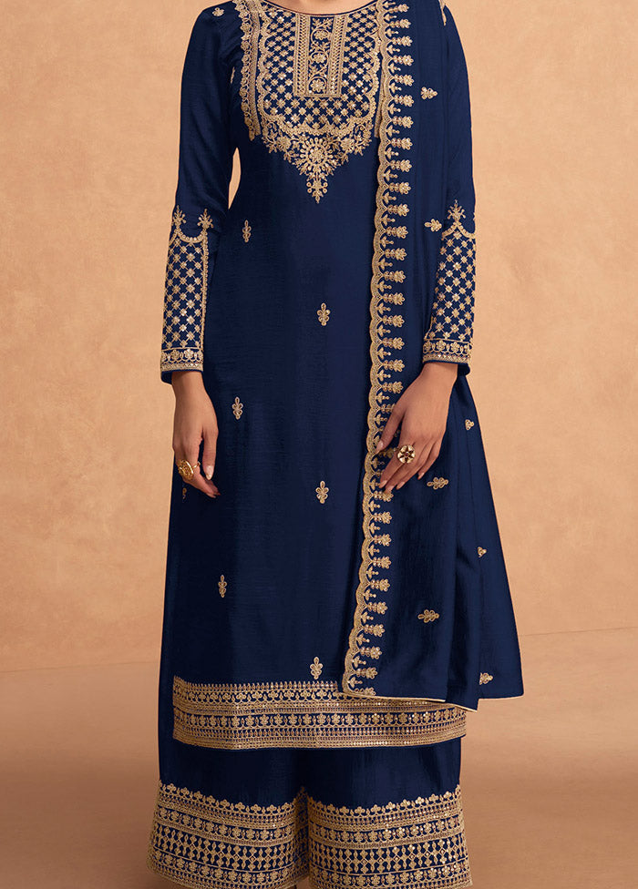 3 Pc Blue Semi Stitched Georgette Suit Set - Indian Silk House Agencies