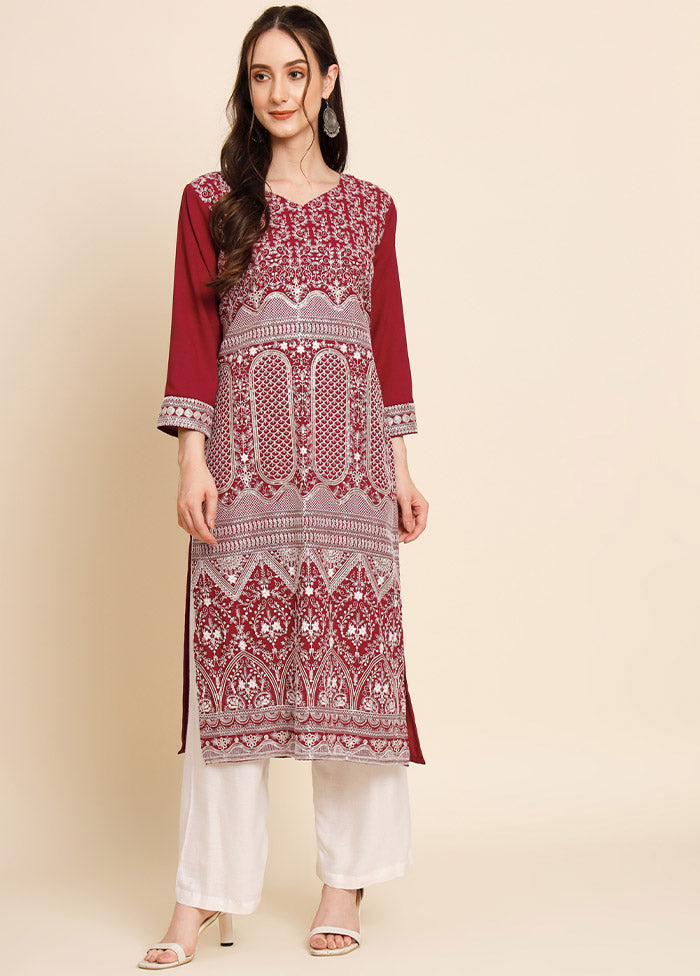 Maroon Readymade Georgette Chikankari Kurti - Indian Silk House Agencies