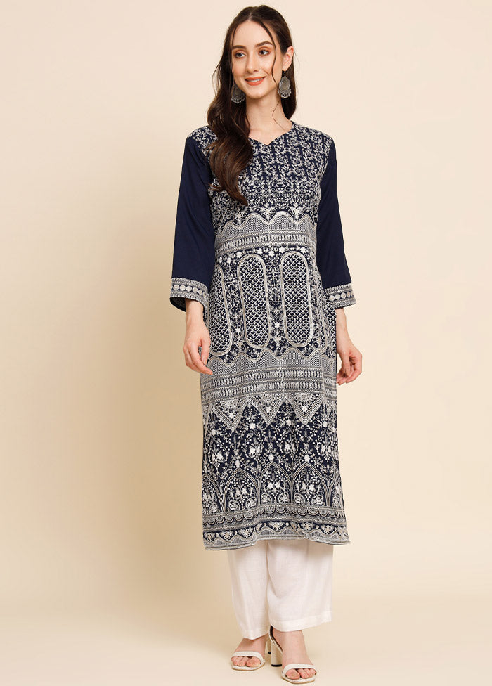 Navy Blue Readymade Georgette Chikankari Kurti - Indian Silk House Agencies