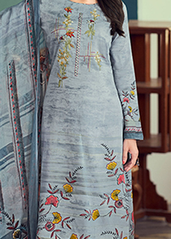 3 Pc Grey Semi Stitched Silk Suit Set - Indian Silk House Agencies