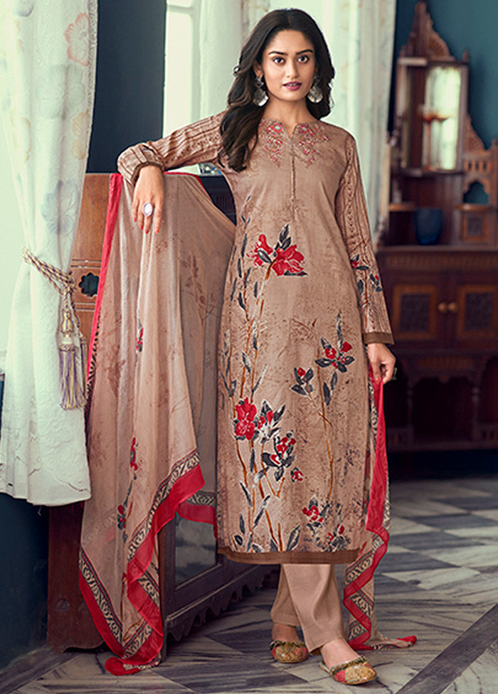 3 Pc Brown Semi Stitched Silk Suit Set - Indian Silk House Agencies