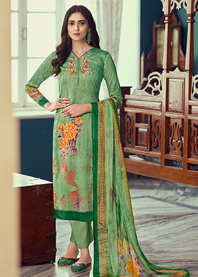 3 Pc Green Semi Stitched Silk Suit Set - Indian Silk House Agencies