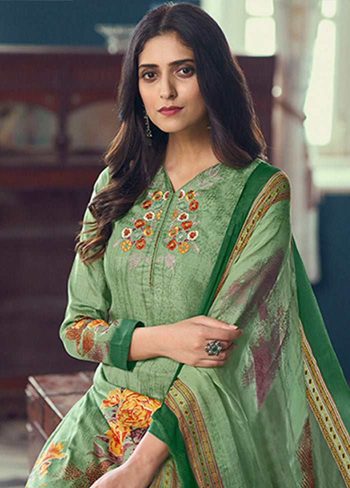 3 Pc Green Semi Stitched Silk Suit Set - Indian Silk House Agencies