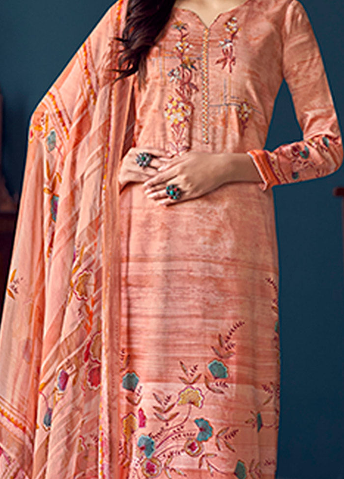 3 Pc Peach Semi Stitched Silk Suit Set - Indian Silk House Agencies