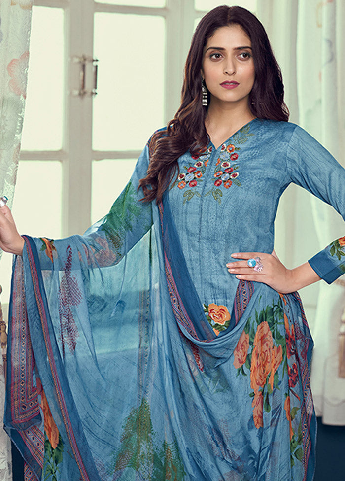 3 Pc Blue Semi Stitched Silk Suit Set - Indian Silk House Agencies