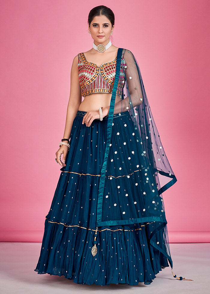 3 Pc Navy Blue Georgette Readymade Lehenga Set - Indian Silk House Agencies