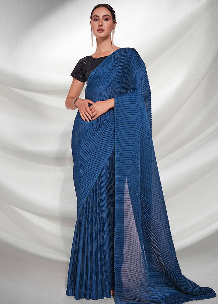 Teal Blue Georgette Saree With Blouse Piece - Indian Silk House Agencies