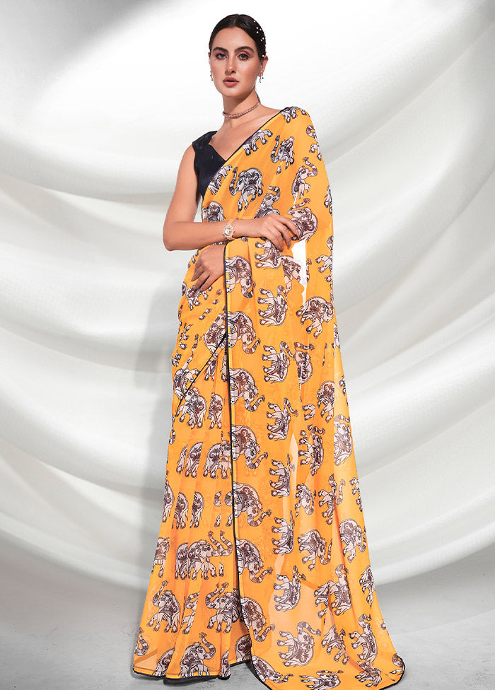 Mustard Chiffon Silk Saree With Blouse Piece - Indian Silk House Agencies