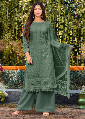 3 Pc Green Semi Stitched Georgette Suit Set - Indian Silk House Agencies