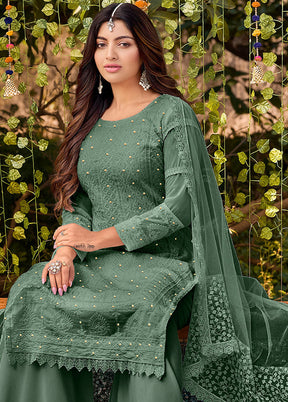 3 Pc Green Semi Stitched Georgette Suit Set - Indian Silk House Agencies