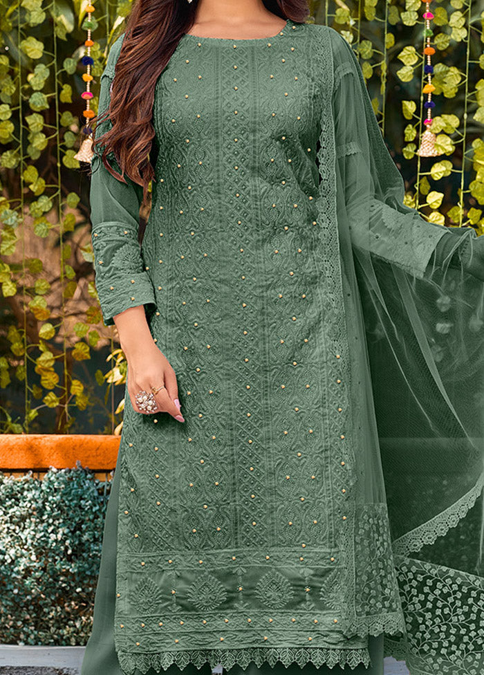 3 Pc Green Semi Stitched Georgette Suit Set - Indian Silk House Agencies