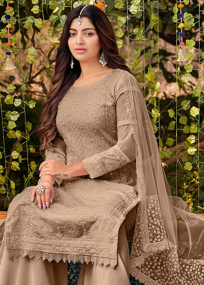 3 Pc Brown Semi Stitched Georgette Suit Set - Indian Silk House Agencies