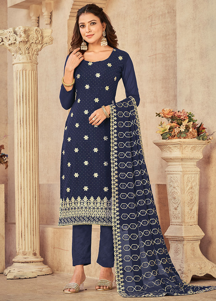 3 Pc Blue Semi Stitched Georgette Suit Set - Indian Silk House Agencies