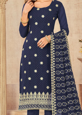 3 Pc Blue Semi Stitched Georgette Suit Set - Indian Silk House Agencies