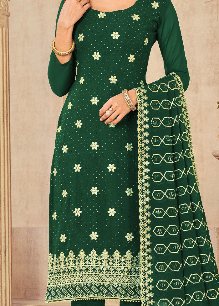 3 Pc Green Semi Stitched Georgette Suit Set - Indian Silk House Agencies