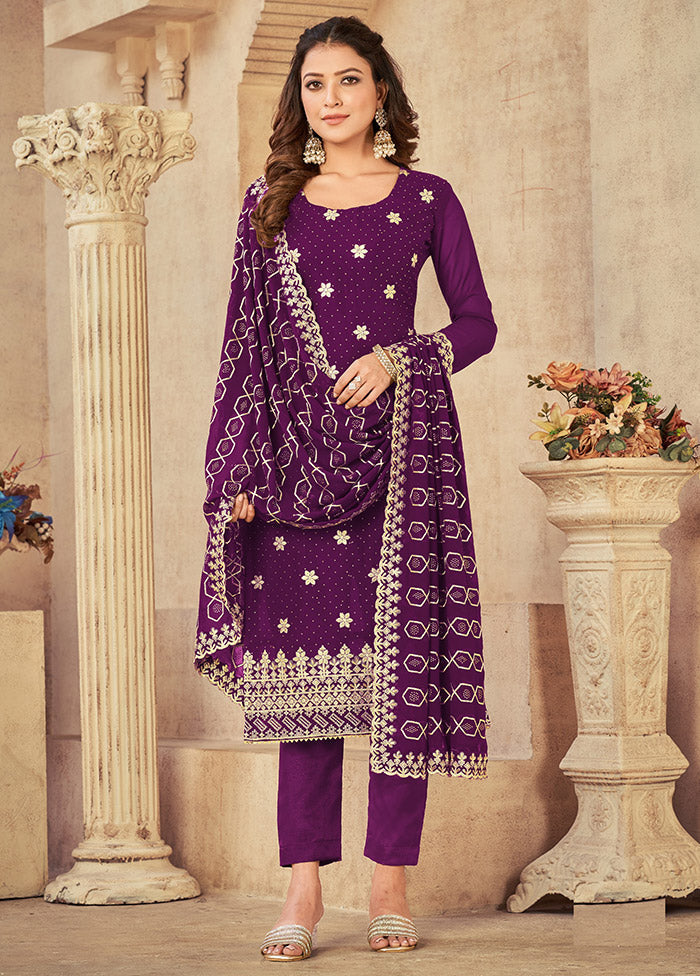 3 Pc Purple Semi Stitched Georgette Suit Set - Indian Silk House Agencies