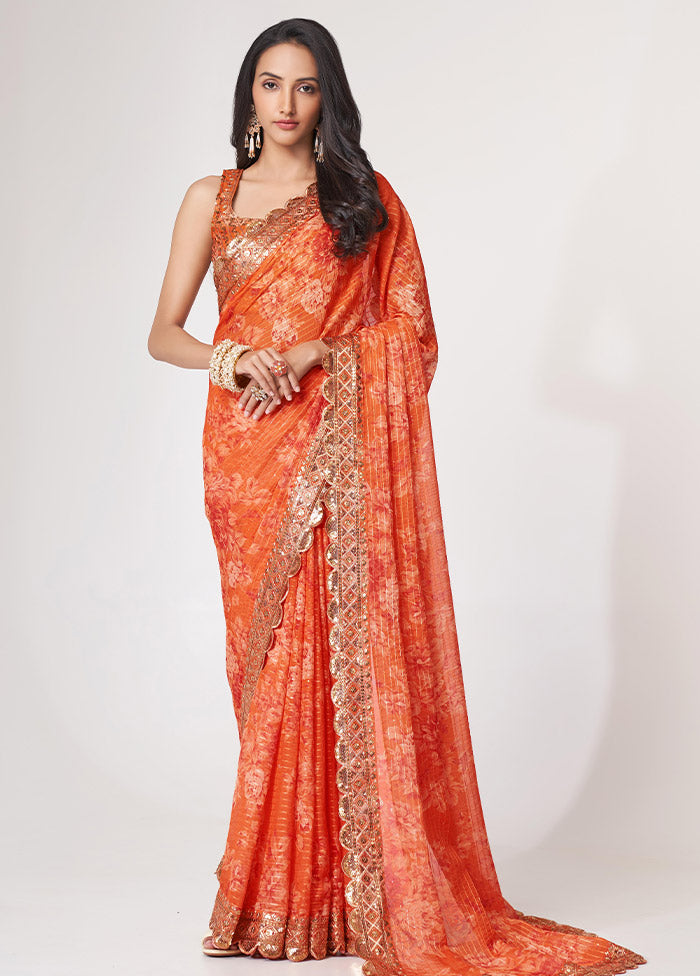 Orange Organza Saree With Blouse Piece - Indian Silk House Agencies