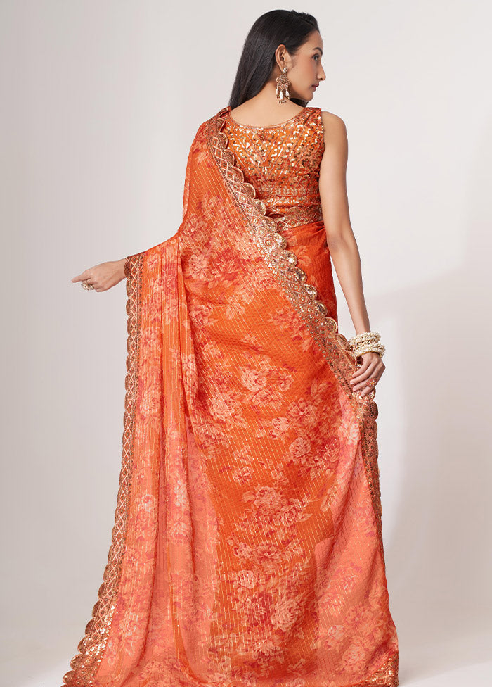 Orange Organza Saree With Blouse Piece - Indian Silk House Agencies