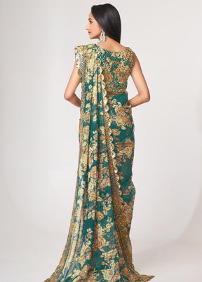 Teal Blue Organza Saree With Blouse Piece - Indian Silk House Agencies