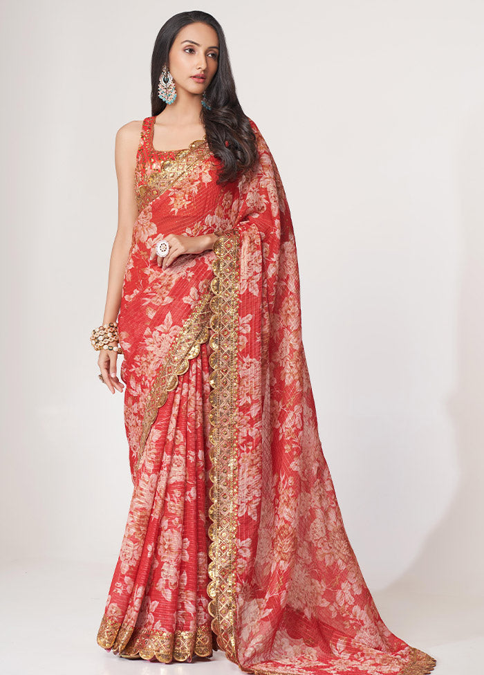 Red Organza Saree With Blouse Piece - Indian Silk House Agencies