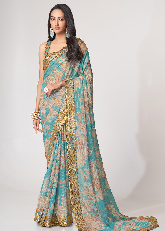 Sky Blue Organza Saree With Blouse Piece - Indian Silk House Agencies