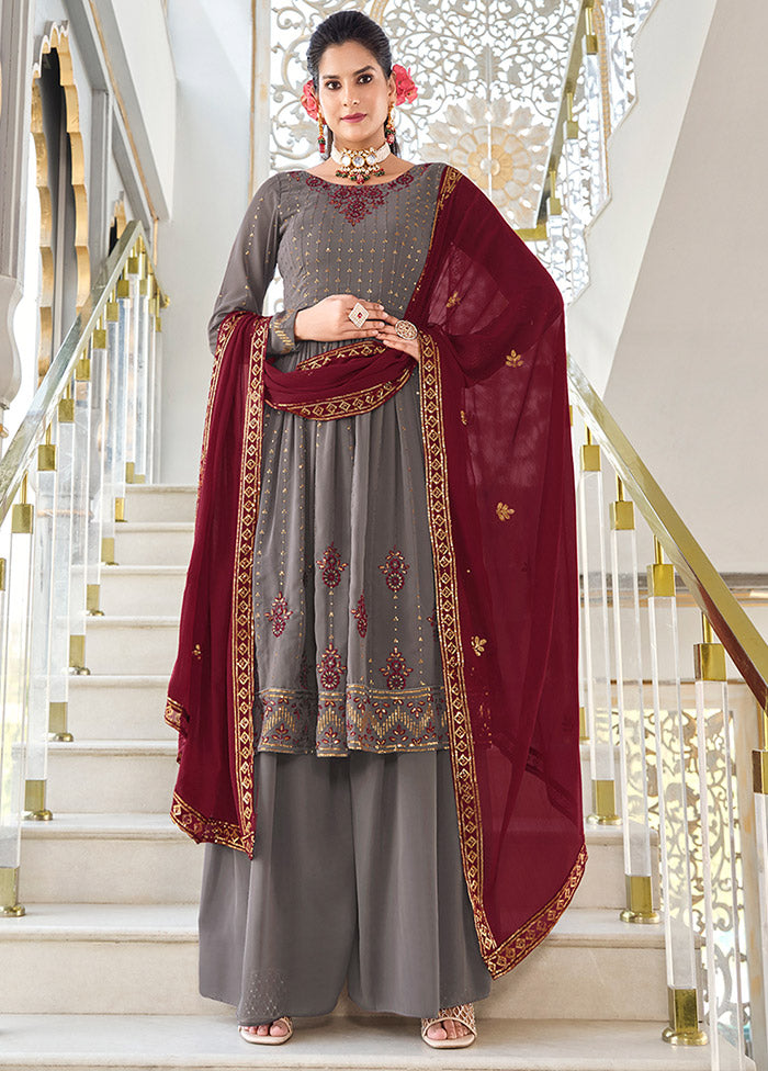 3 Pc Grey Readymade Georgette Suit Set - Indian Silk House Agencies