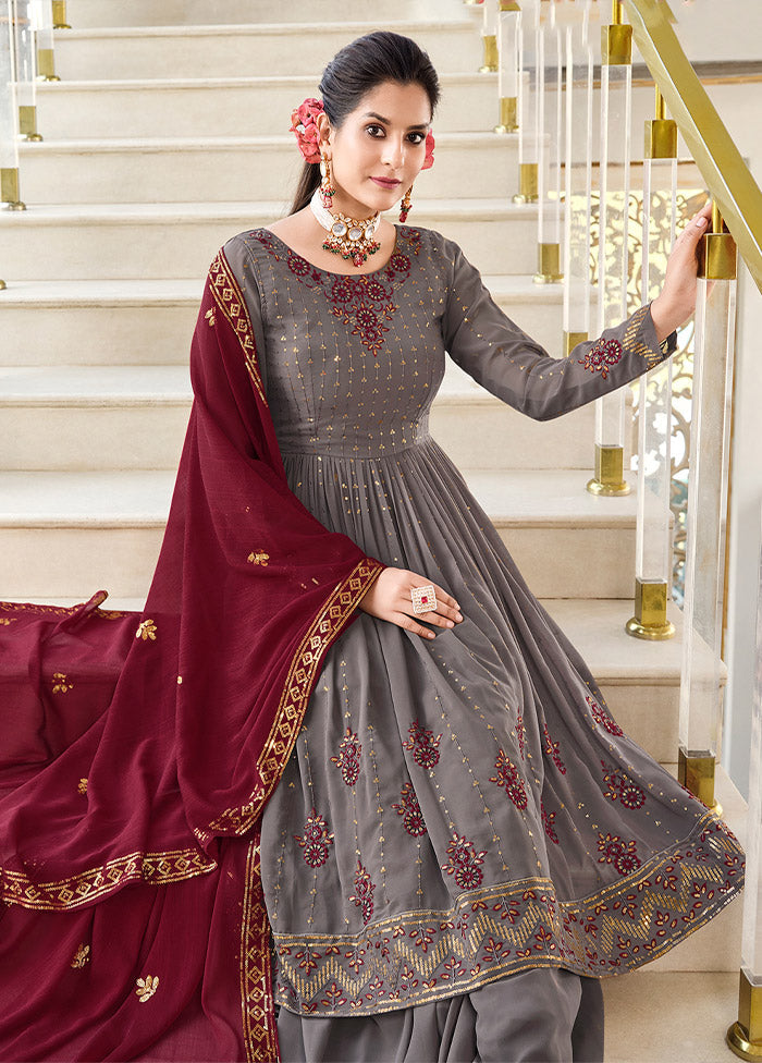 3 Pc Grey Readymade Georgette Suit Set - Indian Silk House Agencies