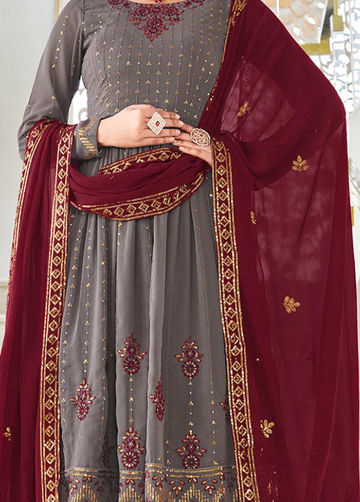 3 Pc Grey Readymade Georgette Suit Set - Indian Silk House Agencies