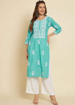 Sea Green Readymade Cotton Long Kurti - Indian Silk House Agencies