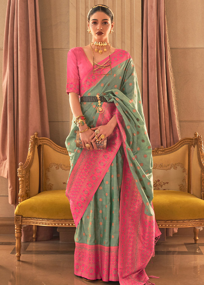 Green Spun Silk Saree With Blouse Piece - Indian Silk House Agencies