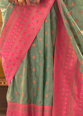 Green Spun Silk Saree With Blouse Piece - Indian Silk House Agencies