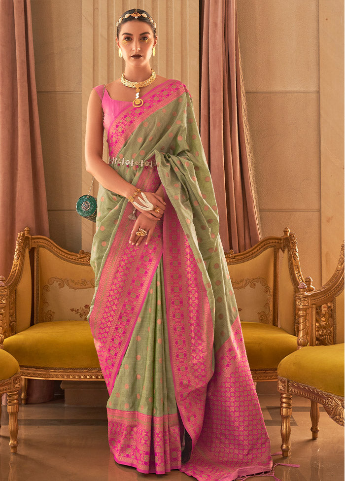 Olive Green Spun Silk Saree With Blouse Piece - Indian Silk House Agencies