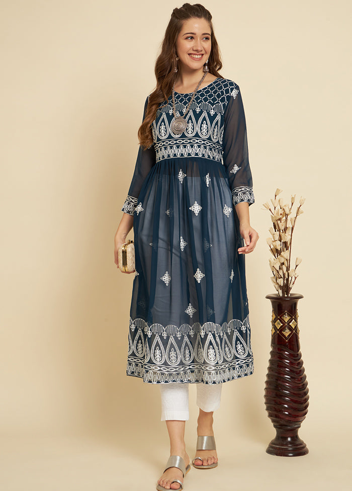 Teal Blue Readymade Georgette Kurti