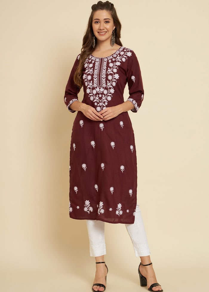 Wine Readymade Cotton Long Kurti