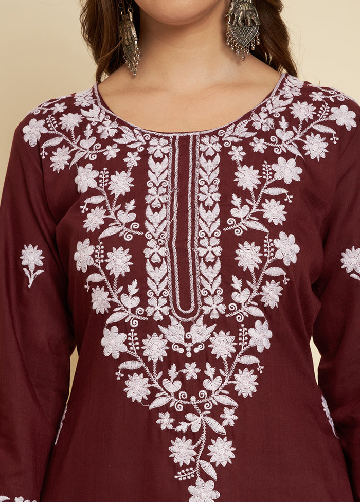 Wine Readymade Cotton Long Kurti - Indian Silk House Agencies