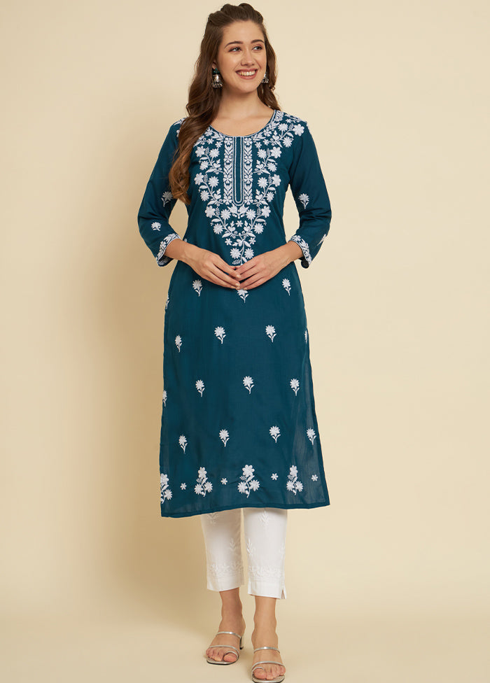 Teal Readymade Cotton Long Kurti