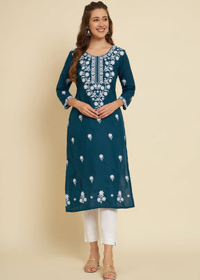 Teal Readymade Cotton Long Kurti - Indian Silk House Agencies