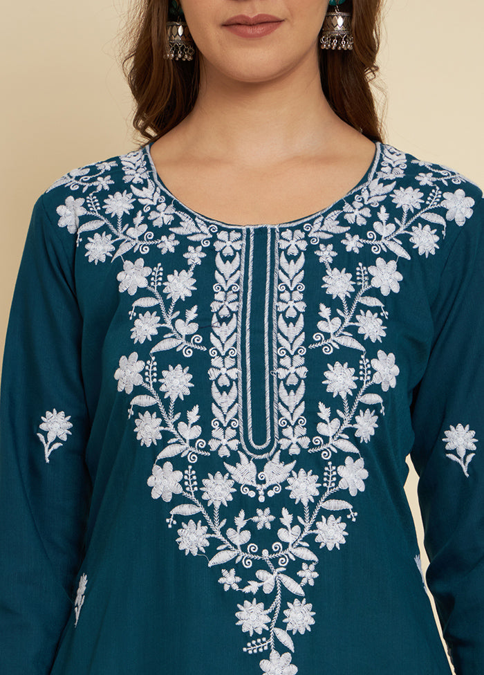 Teal Readymade Cotton Long Kurti