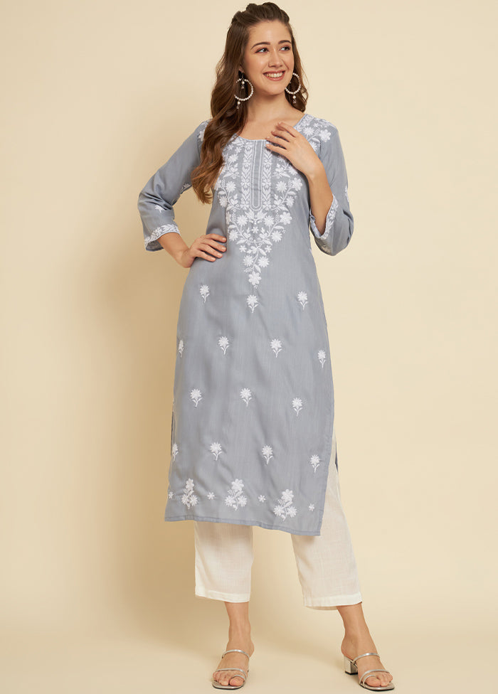 Grey Readymade Cotton Long Kurti - Indian Silk House Agencies