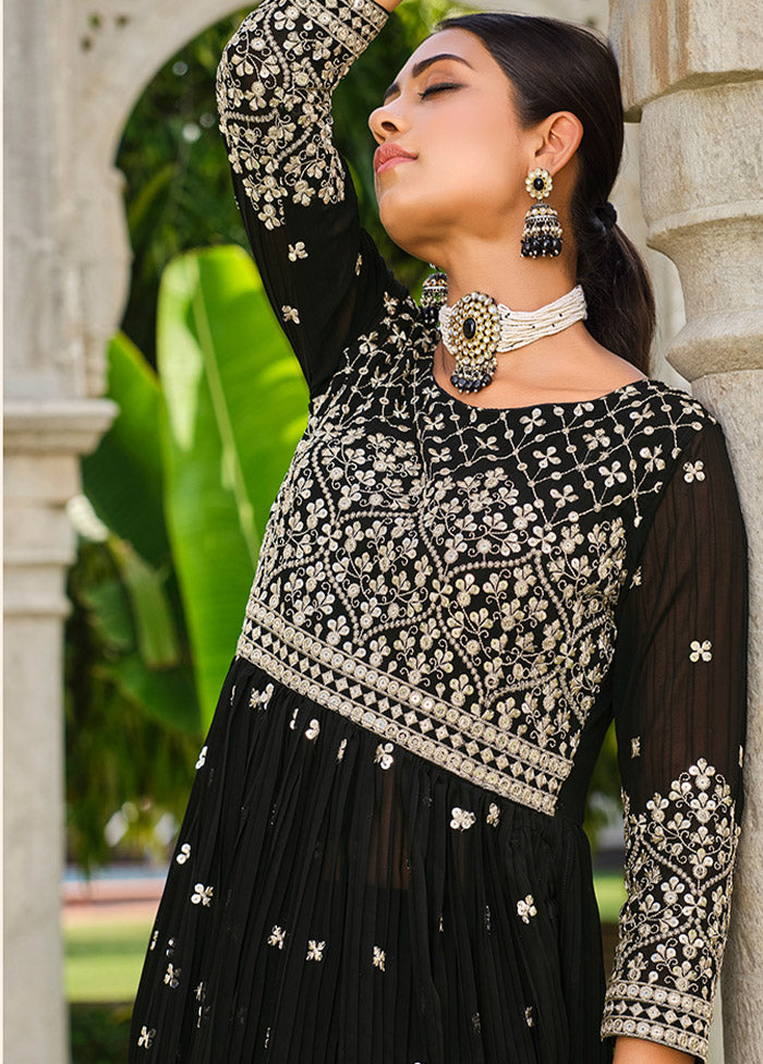 3 Pc Black Semi Stitched Georgette Suit Set - Indian Silk House Agencies