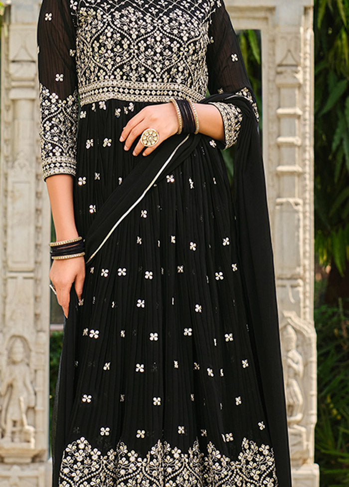 3 Pc Black Semi Stitched Georgette Suit Set - Indian Silk House Agencies