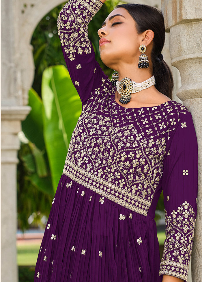 3 Pc Purple Semi Stitched Georgette Suit Set - Indian Silk House Agencies