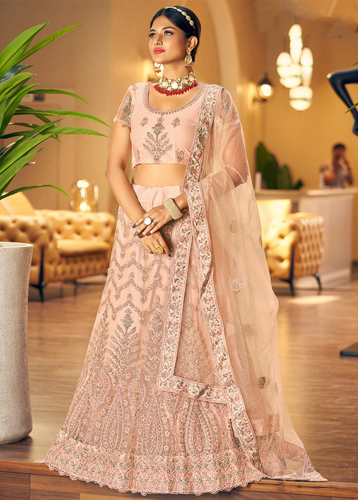 3 Pc Peach Net Semi Stitched Lehenga Set - Indian Silk House Agencies