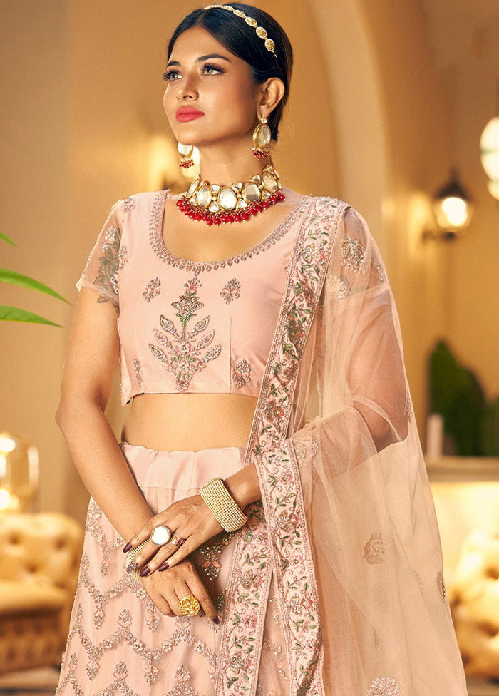 3 Pc Peach Net Semi Stitched Lehenga Set - Indian Silk House Agencies