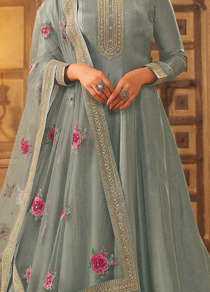 3 Pc Grey Semi Stitched Silk Suit Set - Indian Silk House Agencies