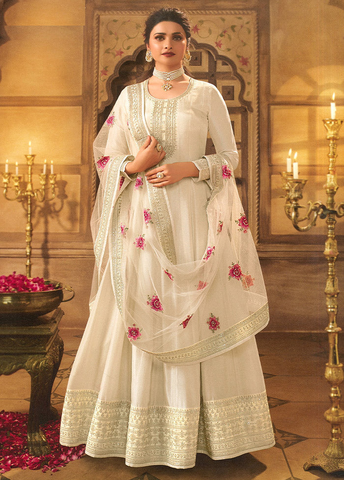 3 Pc Cream Semi Stitched Silk Suit Set - Indian Silk House Agencies