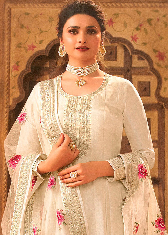 3 Pc Cream Semi Stitched Silk Suit Set - Indian Silk House Agencies